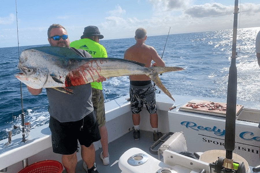 Client holding a Blue Mahi Mahi